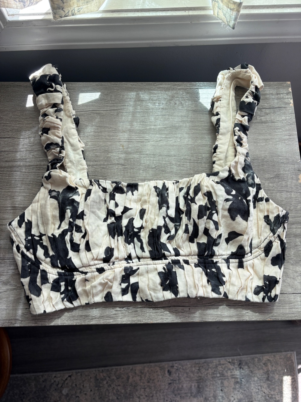 Saba Ines Gathered Strap Floral Linen Bodice Cropped Tank Top - Picture 2 of 4